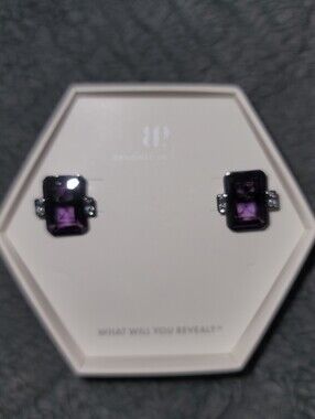 NWT-BP Amethyst-Rectangular Cubic Zirconia Stud on Hematite Plating Earrings.